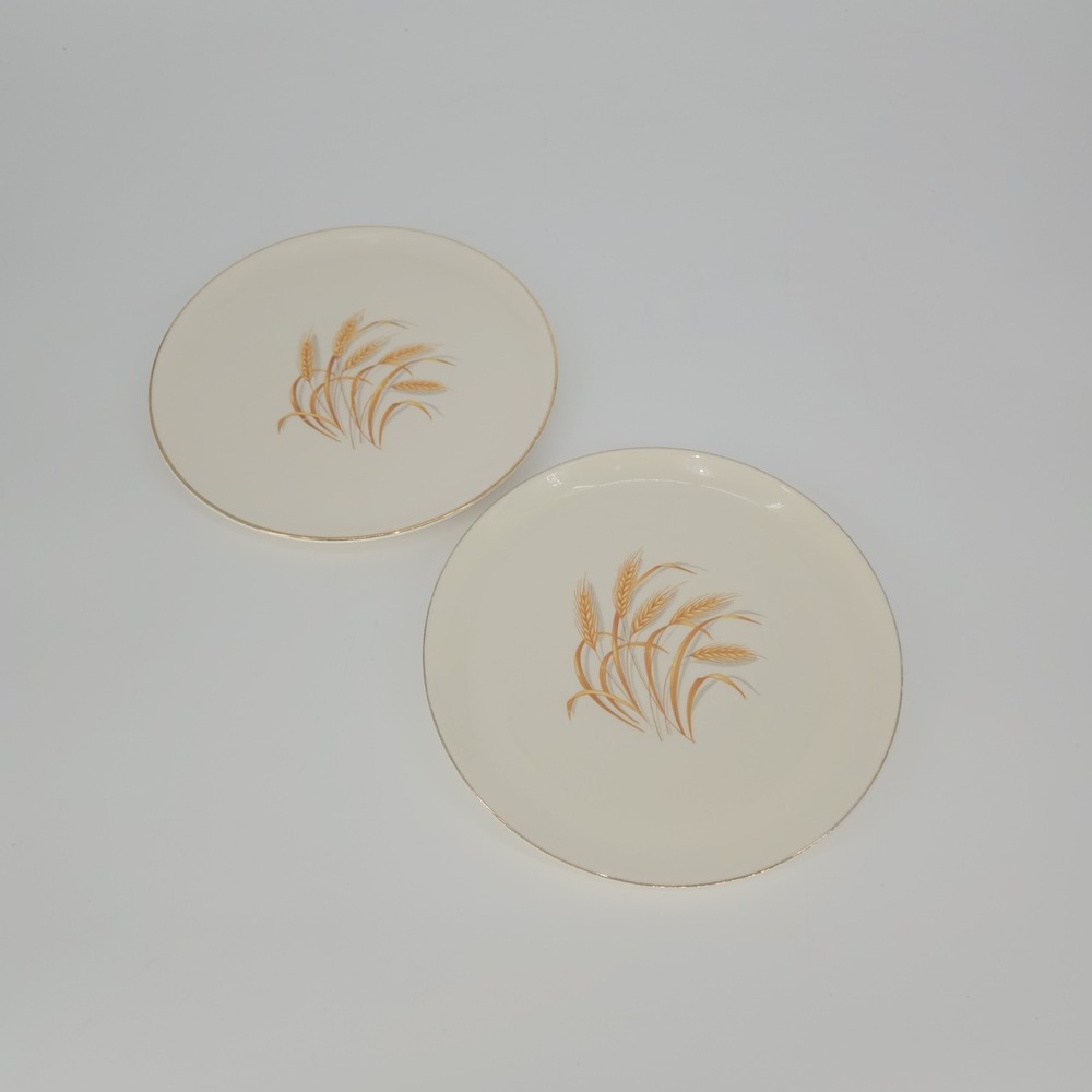 Vintage Golden Wheat 22K Gold Oven Proof Dinner Plates Set of 2 USA 9 Inch MCM